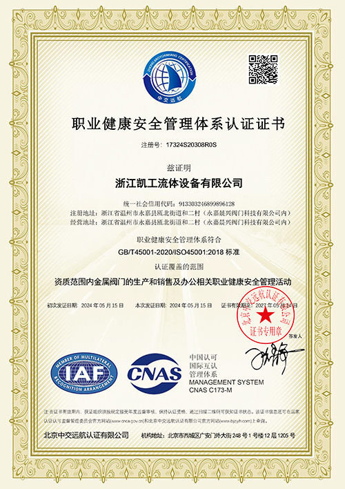 職業(yè)健康安全管理體系認證證書(shū)